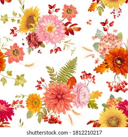 Autumn watercolor flowers seamless background illustration, retro floral vector fall Thanksgiving pattern for holidays, fashion fabric, textile, wallpaper with berries, hydrangea, sunflower, leaves
