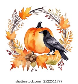 Autumn watercolor frame or card for the holiday Halloween or Thanksgiving day with a pumpkin, a wreath and a crow, vector illustration for poster, postcard, banner. Cute cozy autumn print design