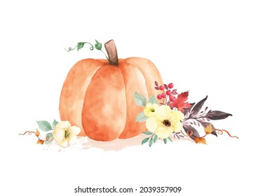 Autumn watercolor illustration with pumpkins and flowers leaves isolated on white background. Watercolor hand-painted perfect for design decorative greeting cards, or posters in the autumn festival.