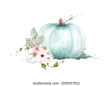 Autumn watercolor illustration with pumpkins and flowers leaves isolated on white background. Watercolor hand-painted perfect for design decorative greeting cards, or posters in the autumn festival.