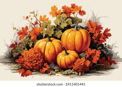 Autumn watercolor illustration with pumpkins and flowers leaves isolated on white background.