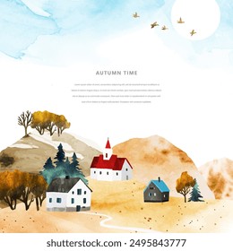 Herbstliche Aquarelllandschaft mit gemütlichen Häusern, Kirche, Bäumen und Sonne. Dorfhäuser auf den Hügeln. Vektorgrafik Vorlage Rahmen mit Platz für Text. Design für Flyer, Karte, Einladung, Web Banner