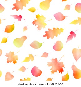 Autumn watercolor leaves pattern, vector illustration. 