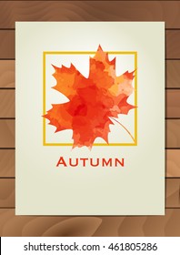 Autumn watercolor maple leaf in a square frame. Background with hand drawn autumn leaves. Sketch, design elements. Vector illustration