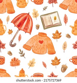 Autumn watercolor pattern with leaves and umbrella. Warm and orange fall image. Vector illustration