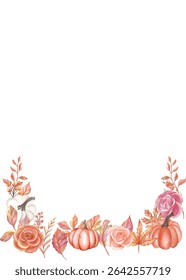 Autumn Watercolor Roses, Pumpkins, Leaves Border Background