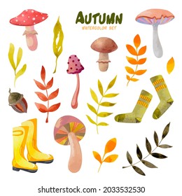 Autumn watercolor set with mushrooms, yellow leaves, knitted socks, rubber boots, plants