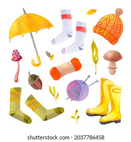 Autumn watercolor set with warm stuff, knitted clothes, plants, yellow umbrella and rubber boots