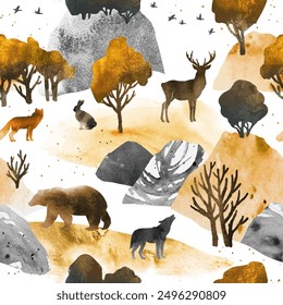 Autumn watercolor stylish vector seamless pattern with mountains, animals, trees in black, golden and white colors. Design for textile print, page fill, wrapping paper, web