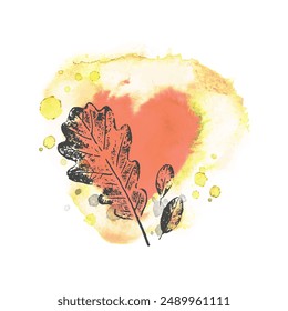 Autumn watercolor vector abstract illustration with oak leaf. Illustration in the form of a red heart. Vintage nature design with leaves, drops and splashes for print, card, banner