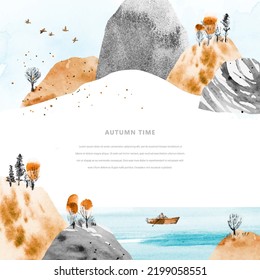 Autumn watercolor vector landscape with boats, blue lake, mountains, trees and place for text. Fishing in the river. Hand draw template with sketch for flyer, web banner, poster, invitation