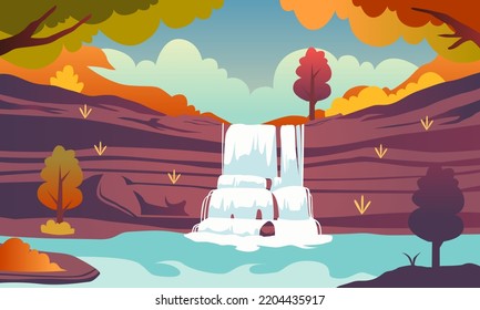 Autumn waterfall panoramic illustration vector. background Falling leaves with forest scene