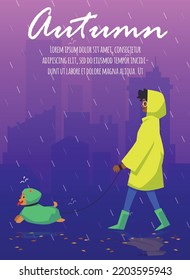 Autumn weather banner or poster mockup with woman in raincoat walking a dog, flat cartoon vector illustration. Autumn rainy season and bad weather days.