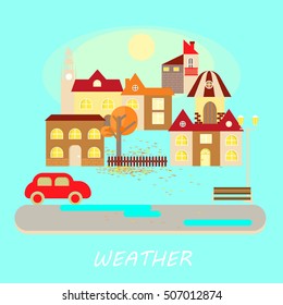 Autumn weather colorful landscape banner. It's sunny. Small town landscape in flat style. Vector illustration