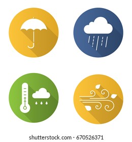 Autumn weather flat design long shadow glyph icons set. Rainy cloud with thermometer, umbrella, wind blowing. Vector silhouette illustration