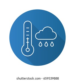 Autumn weather flat linear long shadow icon. Thermometer and rainy cloud. Vector outline symbol