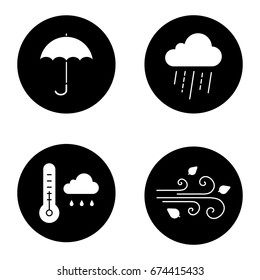 Autumn weather glyph icons set. Rainy cloud with thermometer, umbrella, wind blowing. Vector white silhouettes illustrations in black circles