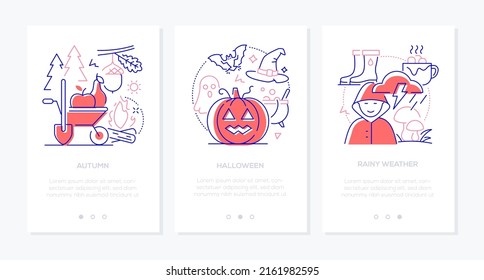 Autumn weather and holiday - line design style banners set with place for text. Halloween, pumpkin, witch cauldron, harvest, forest gifts, seasonal thunderstorm, raincoat. Fall and nature idea