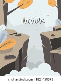 Autumn weather landscape, rocky cliffs with trees yellow leaves falling. Calm and autumn mood. Simple flat illustration