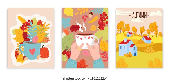 Autumn weather mood card set, cozy decorative greeting postcard, orange forest landscape flat vector illustration, isolated on white.
