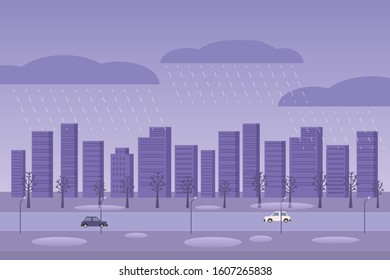 Autumn weather rainy day city. Raining street cars city puddles fall november october season cityscape. Minimal cartoon flat vector illustration