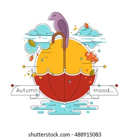 Autumn weather vector illustration in linear style. Autumn concept in outline style. Composition with the sun, clouds, bird, umbrella, rain and leaves for your design