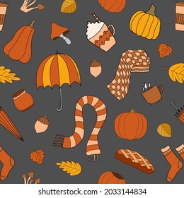 Autumn weather vector seamless pattern on gray background. Seasonal decoration elements