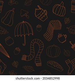 Autumn weather vector seamless pattern lineart style on black background. Seasonal decoration elements