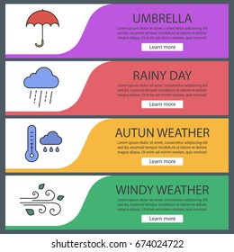 Autumn weather web banner templates set. Umbrella, rainy cloud, thermometer, wind blowing. Website color menu items. Vector headers design concepts