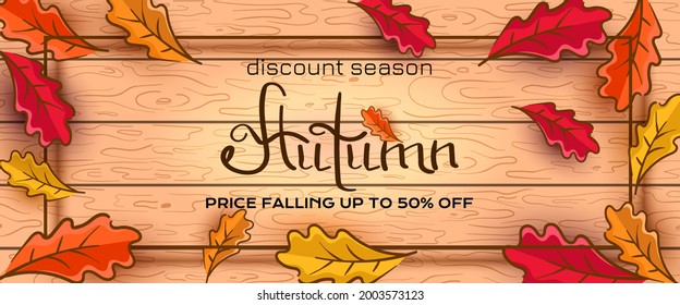 Autumn web banner template with leaves on a wooden board. lettering autumn. A poster with discounts or advertising