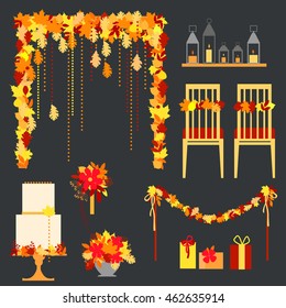 Autumn wedding. Decorative wedding elements in frame with heart. Chairs, cake, flowers, arch, lanterns. Vector illustration.

