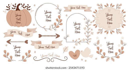 Autumn wedding design badges, wreaths logo, festive ribbon label, greeting card template set. Floral border, romantic ornaments for marriage invitation and congratulation vector illustration