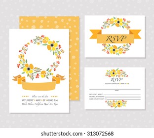 Autumn wedding graphic set with wreaths, flowers, herbs, flower bundles, laurels and labels. Invitation card  template with autumn flower motifs. Save the date card, postcard, logotype template