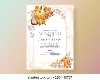 autumn wedding invitation card with pumpkin and mushroom and bird and leaves watercolor