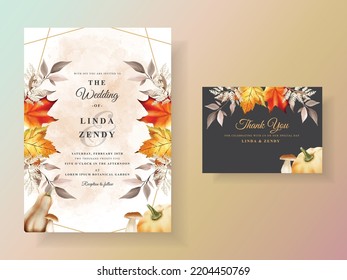 autumn wedding invitation card with pumpkin and mushroom and bird and leaves watercolor