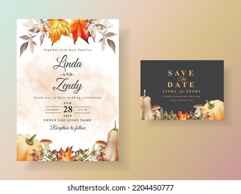 autumn wedding invitation card with pumpkin and mushroom and bird and leaves watercolor