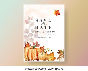 autumn wedding invitation card with pumpkin and mushroom and bird and leaves watercolor