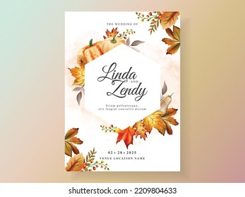 autumn wedding invitation card with pumpkin and mushroom and bird and leaves watercolor