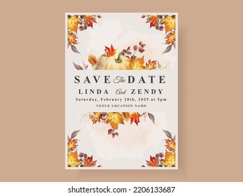 autumn wedding invitation card template with mushroom and pumpkins and leaves