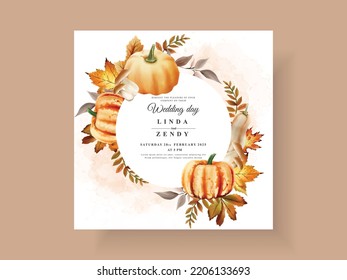 autumn wedding invitation card template with mushroom and pumpkins and leaves