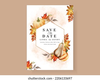 autumn wedding invitation card template with mushroom and pumpkins and leaves