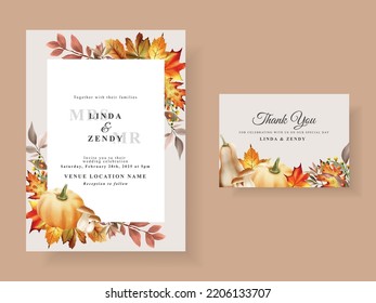 autumn wedding invitation card template with mushroom and pumpkins and leaves