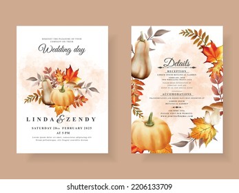 autumn wedding invitation card template with mushroom and pumpkins and leaves