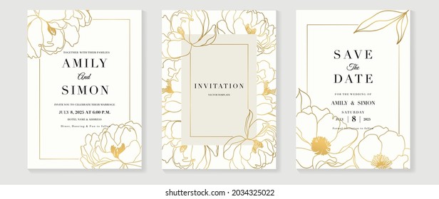 Autumn wedding invitation card vector.  Luxury background design  with golden texture, Flower and botanical leaves watercolor hand drawing. Abstract art cover design for wedding and VIP invite card.
