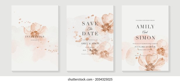 Autumn wedding invitation card vector.  Luxury background design  with golden texture, Flower and botanical leaves watercolor hand drawing. Abstract art cover design for wedding and VIP invite card.
