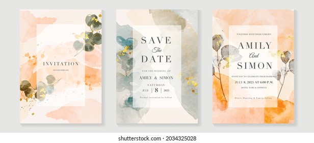 Autumn Wedding Invitation Card Vector.  Luxury Background Design  With Golden Texture, Flower And Botanical Leaves Watercolor Hand Drawing. Abstract Art Cover Design For Wedding And VIP Invite Card.
