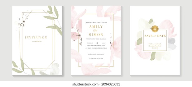 Autumn wedding invitation card vector.  Luxury background design  with golden texture, Flower and botanical leaves watercolor hand drawing. Abstract art cover design for wedding and VIP invite card.
