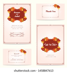 Autumn Wedding Invitation with flower and oak leaves Template. Vector Illustration