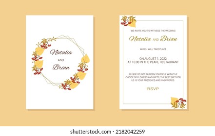 autumn wedding invitation with a frame rowan branches and leaves