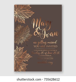 Autumn wedding invitation gold oak leaves